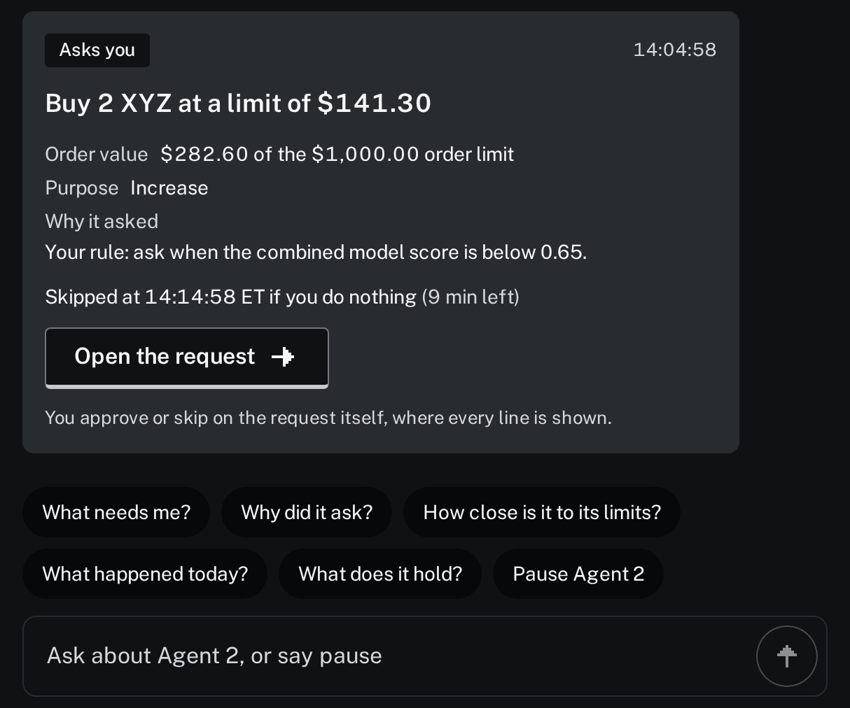 Agent 2 asks to buy 2 XYZ at a limit of $141.30, with why it asked, and questions to ask it next, such as Why did it ask?