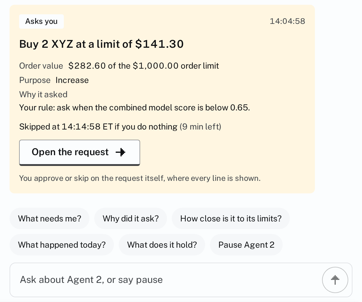Agent 2 asks to buy 2 XYZ at a limit of $141.30, with why it asked, and questions to ask it next, such as Why did it ask?
