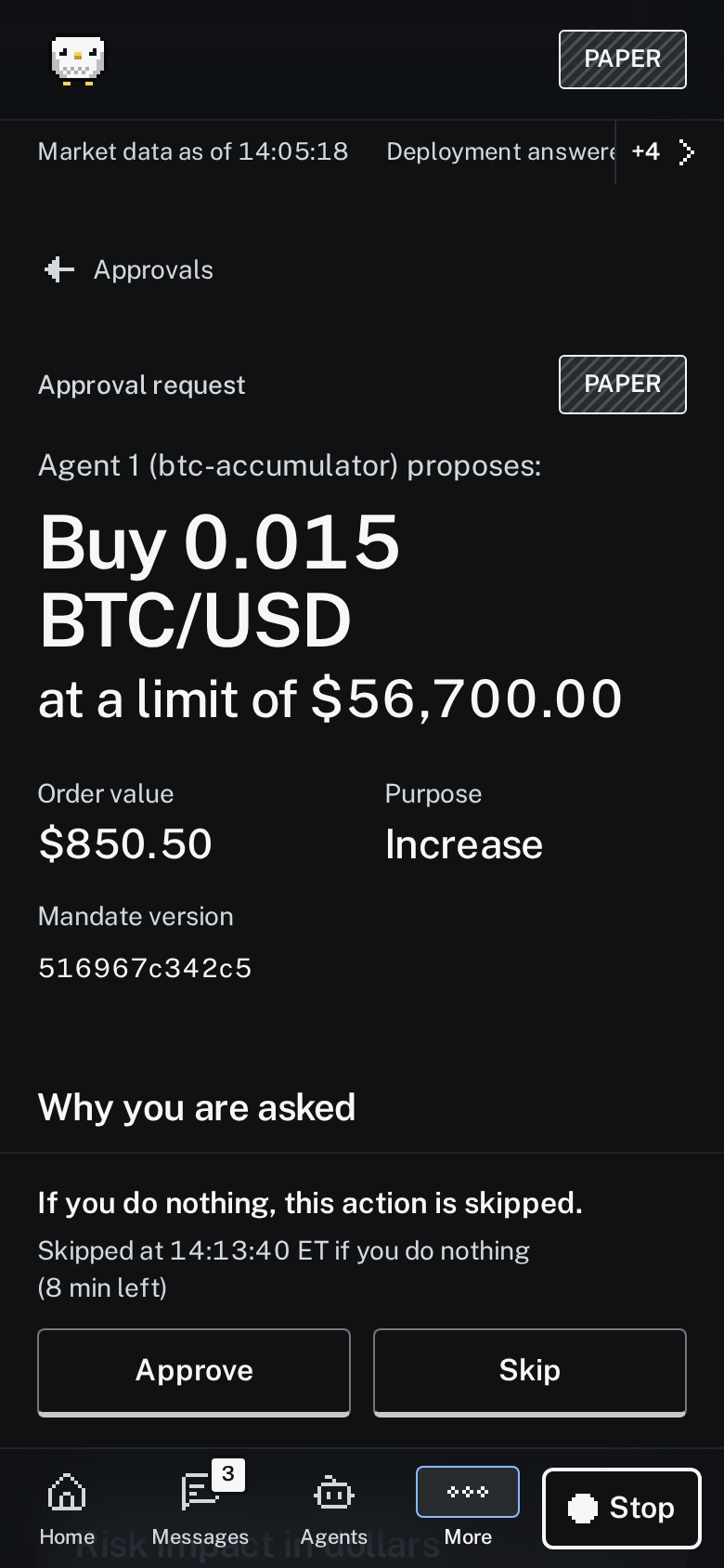An approval request on a phone: buy 0.015 BTC/USD at a limit of $56,700.00, with Approve and Skip.